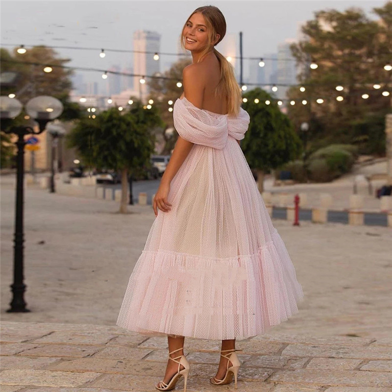 Puffy A Line Dot Tulle Prom Dresses Blush Pink 2021 Tea Length Off Shoulder Elegant Reception Party Dress Engagement Gowns