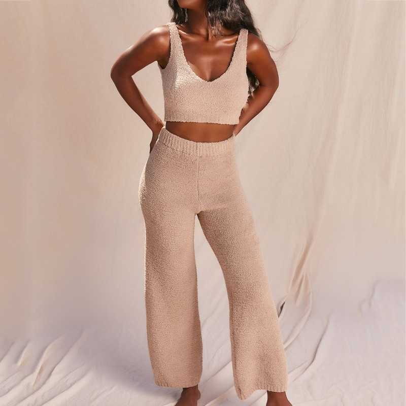 Plush Fluffy Sleeveless Crop Top + Wide Leg Pants Trousers Women Two Pieces Tracksuits Outfits Matching Sets Casual Sweatshirts Y0625