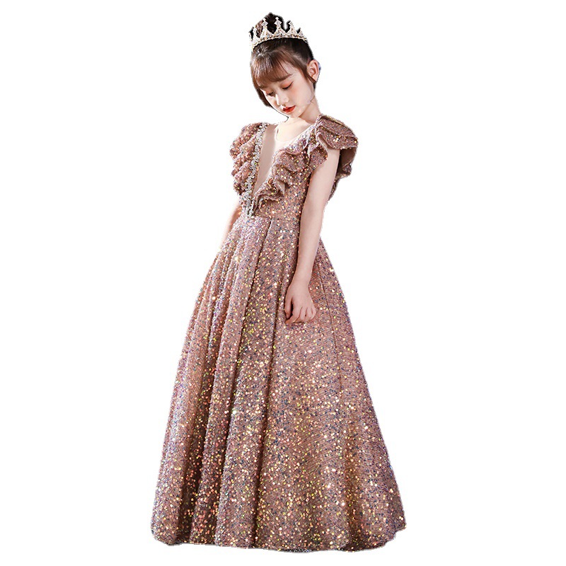Gold Sequin Toddler Ball Gowns Girls Pageant Jewel Long Deep V Neck Formal Kids Party Gown Flower Girl Dresses For Weddings 403