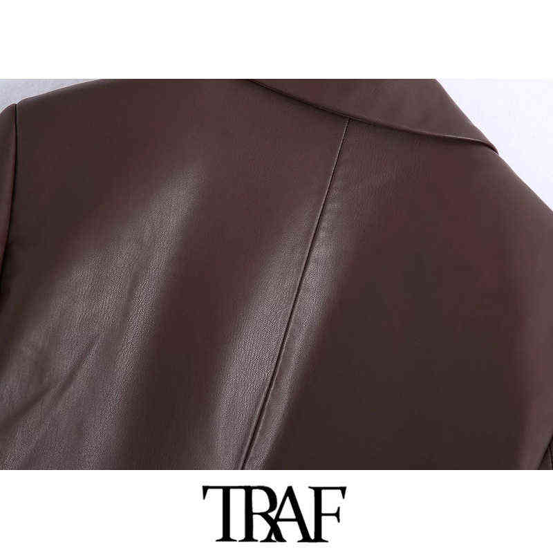 TRAF Women Fashion Faux Leather Blazer Coat Vintage Long Sleeve Welt Pockets Female Outerwear Chic Veste Femme 211116