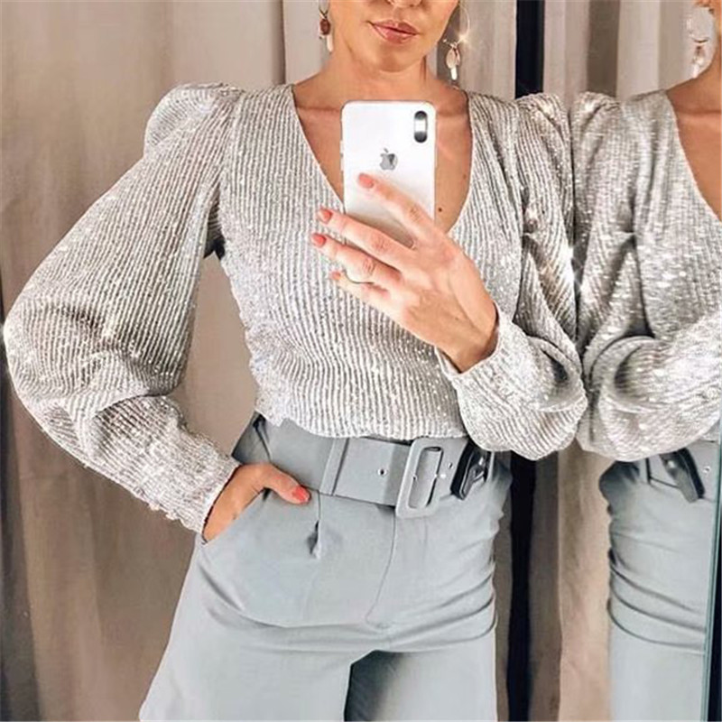 Women Sexy V-neck Sequins Shiny Blouses Fashion long Sleeve Party Club Female Shirts Blusas Mujer Chic Tops 210225