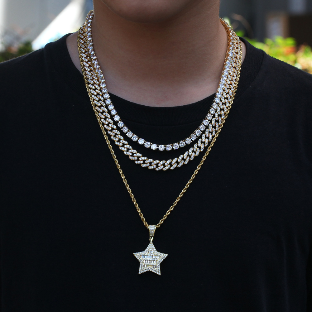 Hip Hop Star Pendant Necklace Bling 18K Real Gold Plated Shining Crystal Zircon Men Women Gift