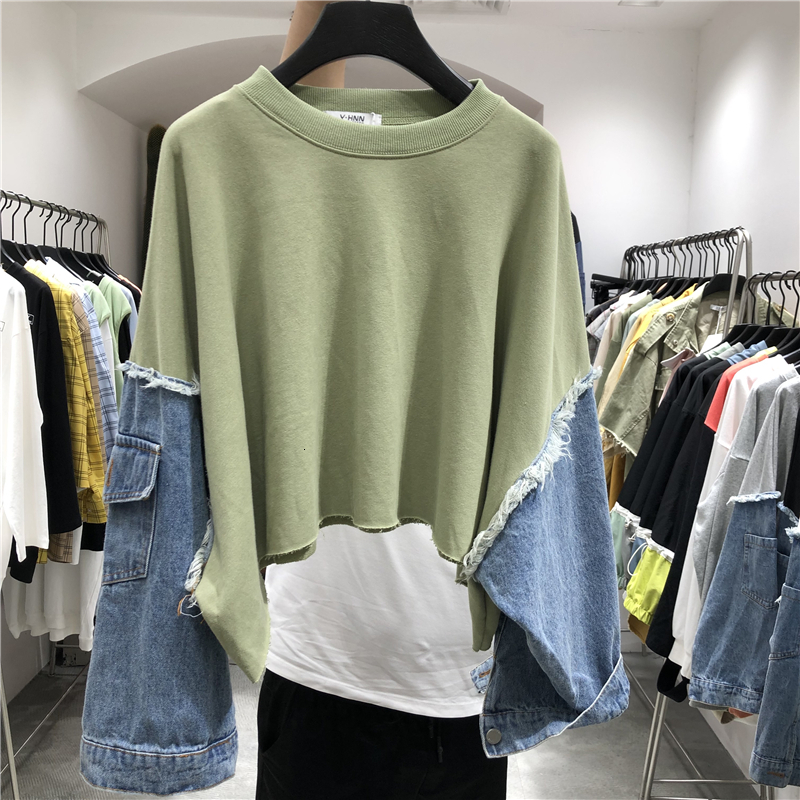 [EWQ] Spring Summer New Pattern Round Collar Long Sleeve Denim Patchwork Pullovers Streetwear Sweatshirt Women AH61206 201102