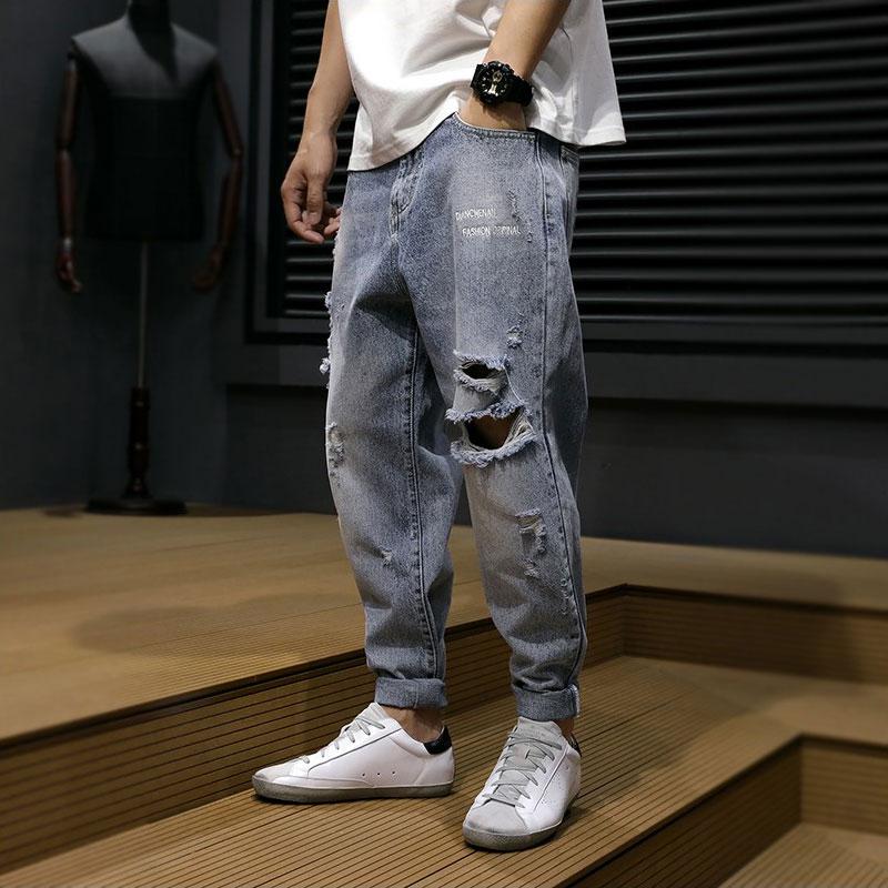 Korean Fashion Men Jeans Loose Fit Retro Blue Destroyed Ripped Jeans Men Baggy Harem Pants Embroidery Designer Hip Hop