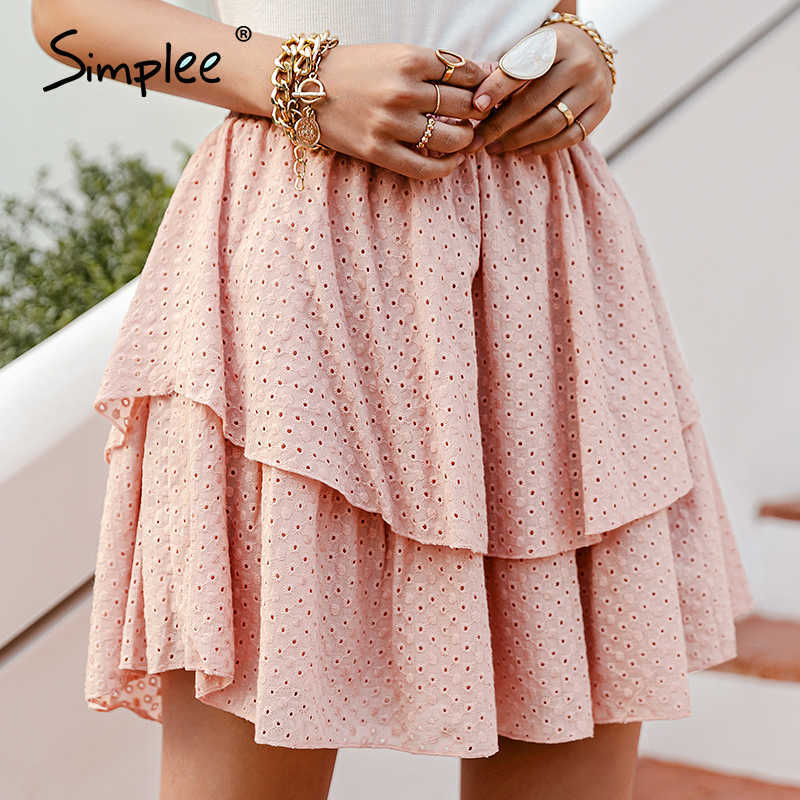 Pink Cotton High Waist Mini Skirt Casual Ruffled A-line Women Short Solid Summer Rmbroidered Female 210619