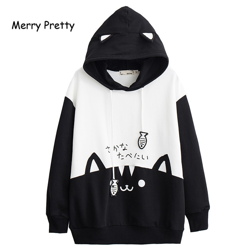 MERRY PRETTY Women Cartoon Print Harajuku Hooded Sweatshirts Winter Long Sleeve Patchwork Pullover Sweet Girl Cute Hoodies 201204