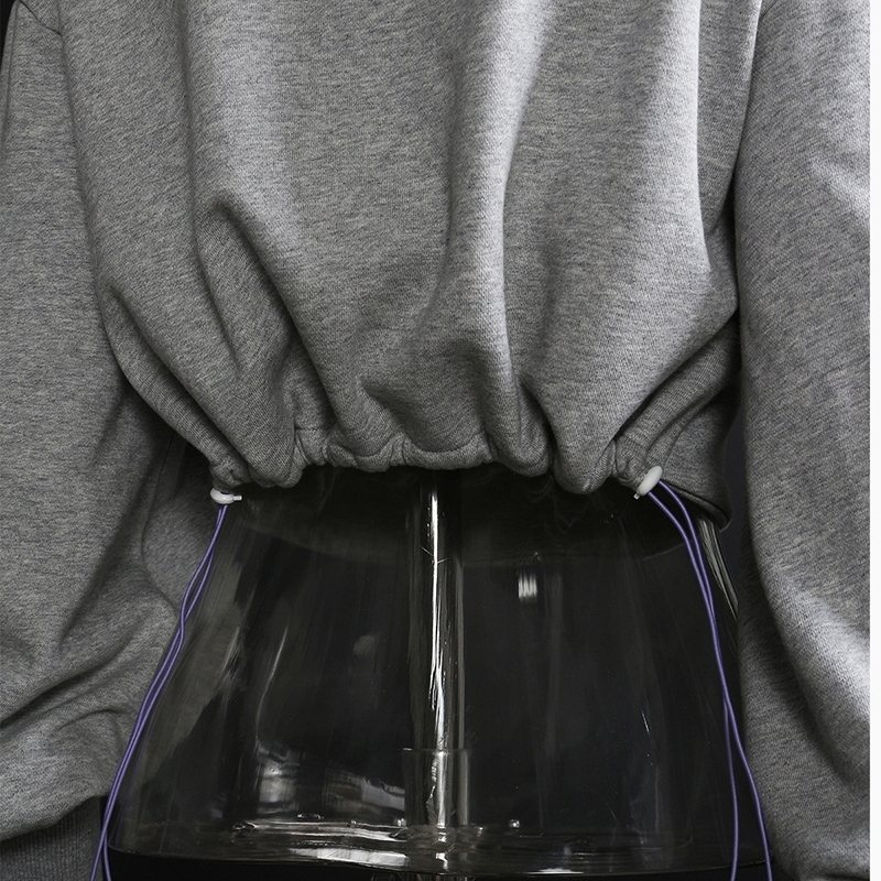 EAM Loose Fit Gray Hollow Out Drawstring Sweatshirt Hooded Long Sleeve Women Big Size Fashion Spring Autumn 1DD0023 201127