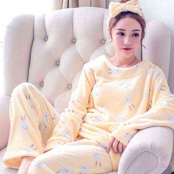 Pajamas for Women Winter Flannel Pyjamas Cartoon Long Sleeve Coral Fleece Warm Sleepwear Kaiva Pajamas Loungewear Women 211118