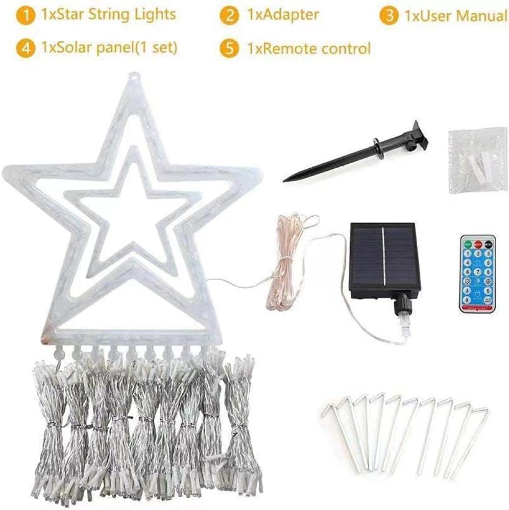 LED Five-Pointed Star Waterfall Lights Christmas Hanging Tree Rooftop Decoration Meteor Lights for Outdoor Courtyard Remote Control Solar Powered
