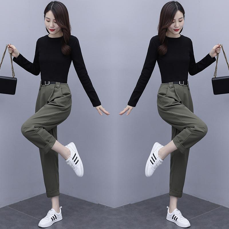 Women's Two Piece Pants Spring Leisure Korean Fashion Clothing Set Black Pullover Top Sweatshirt 2 Pcs Outfit