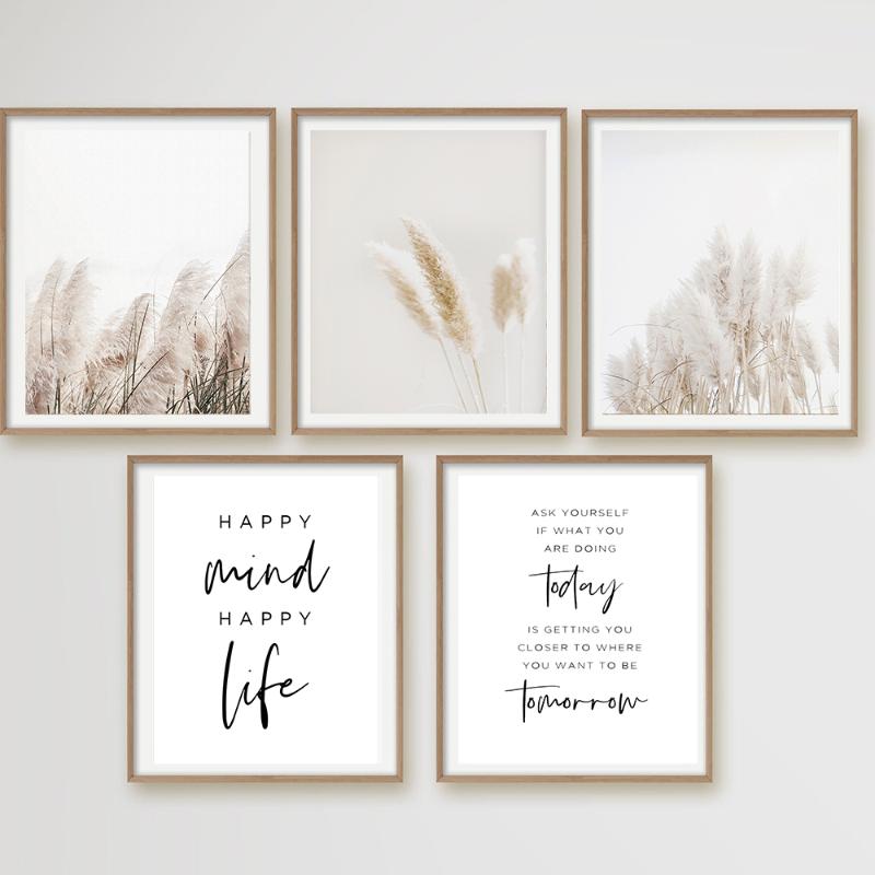 Vintage Botanical Natural Pampas Grass Art Print Poster Quotes Beige Canvas Painting Wall Picture For Living Room Home Decor