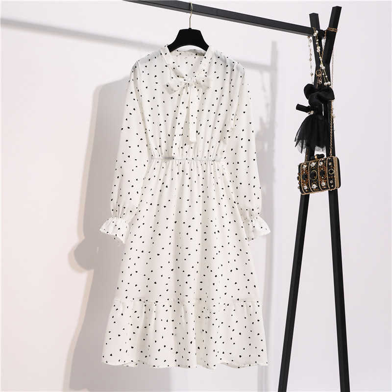 Women Casual Autumn Lady Korean Style Vintage Floral Chiffon Shirt Dress Long Sleeve Bow Midi Summer Woman 210623