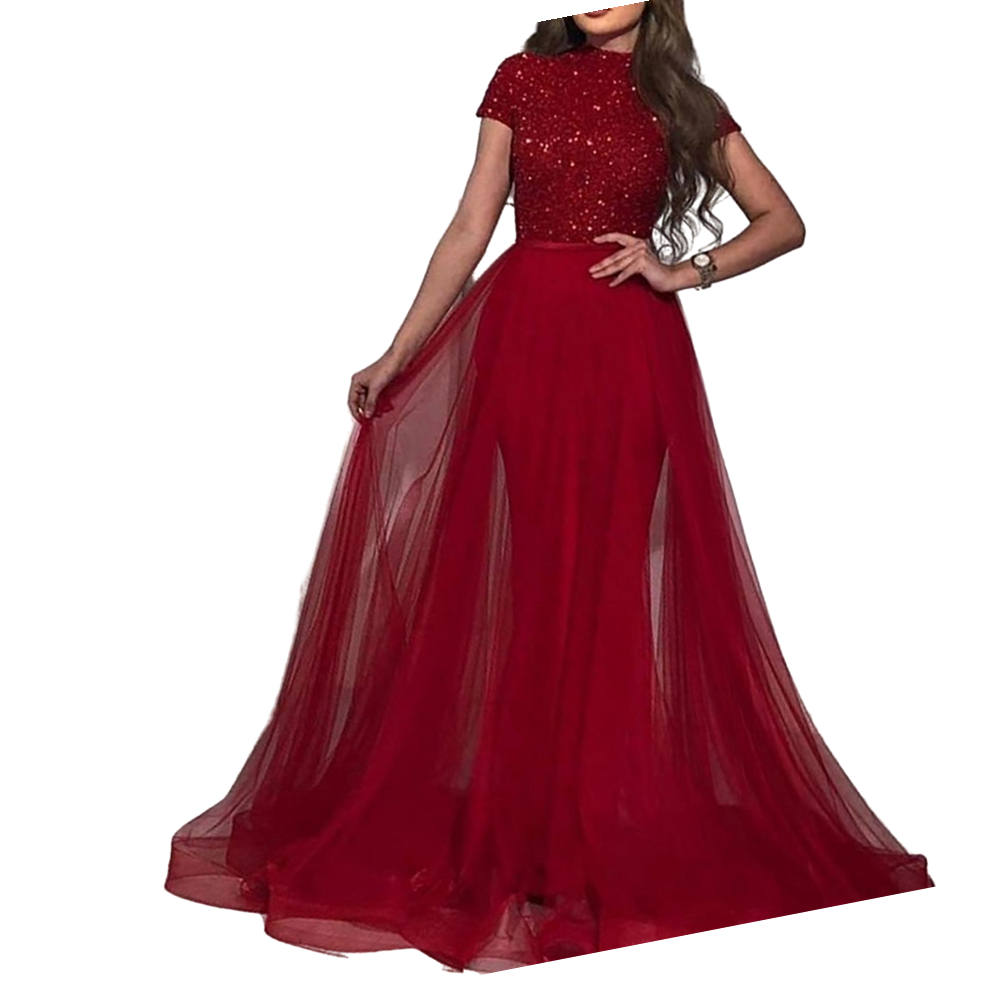 2021 Red Long Glitter Sequins Prom Dresses A Line High Neck Floor Length Short Sleeves Formal Party Dress Evening Gowns Custom Made Special Occasion W