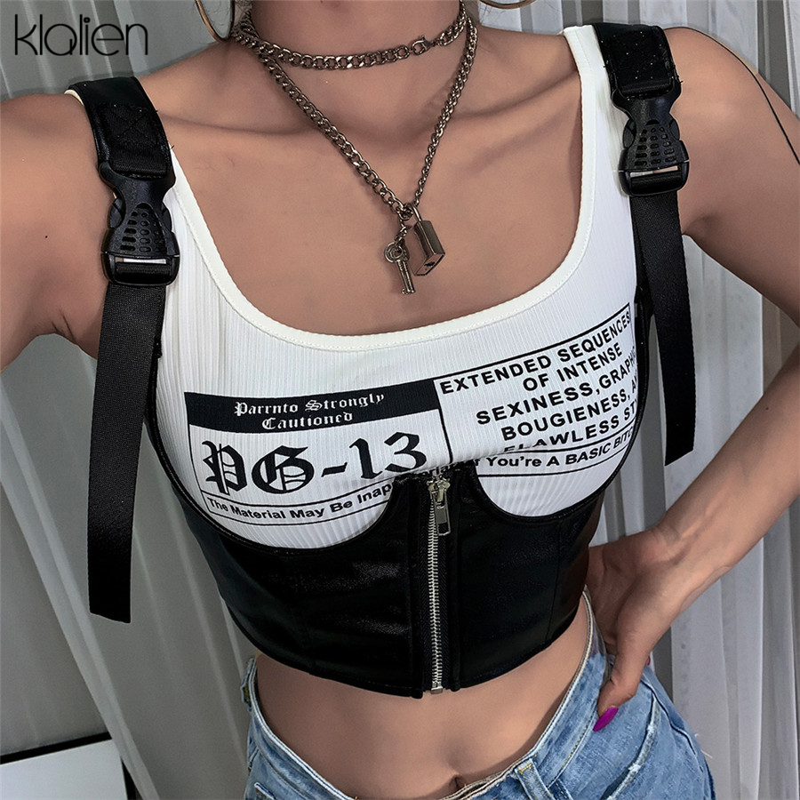 KLALIEN black basic Punk print crop tops womens tank tops summer wild casual Leather camisole mujer stretch Slim decoration 201028