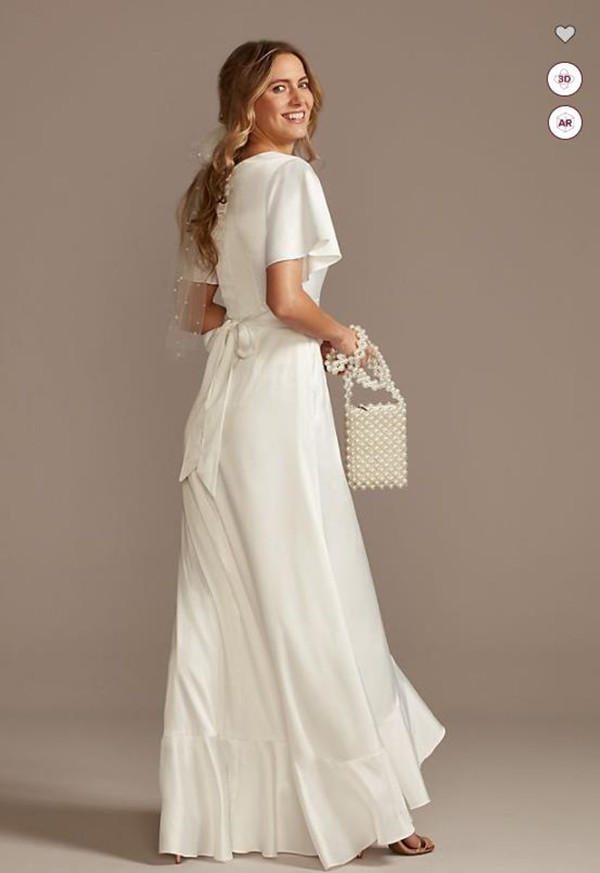 Flutter Sleeve Stretch Satin wedding Dress with Ruffle Hem Simple Design Bohemian Summer Beach Seaside Bridal Dresses Gown