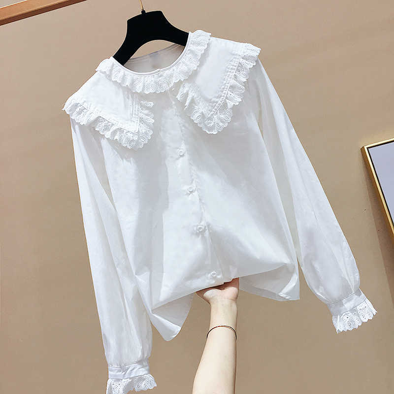 Sweet Lace Peter Pan Collar Loose Full Solid Shirt with Bottom Coat Flare Sleeve Blouse Women 210615, White
Sweet Lace Peter Pan Collar Loose Full Solid Shirt with Bottom Coat Flare Sleeve Blouse Women 210615, White