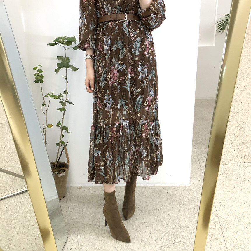 Flectit Vintage Women Floral Dress With Belt Long Sleeve V Neck Airy Chiffon Feminine Dress Fall Spring * 210309
