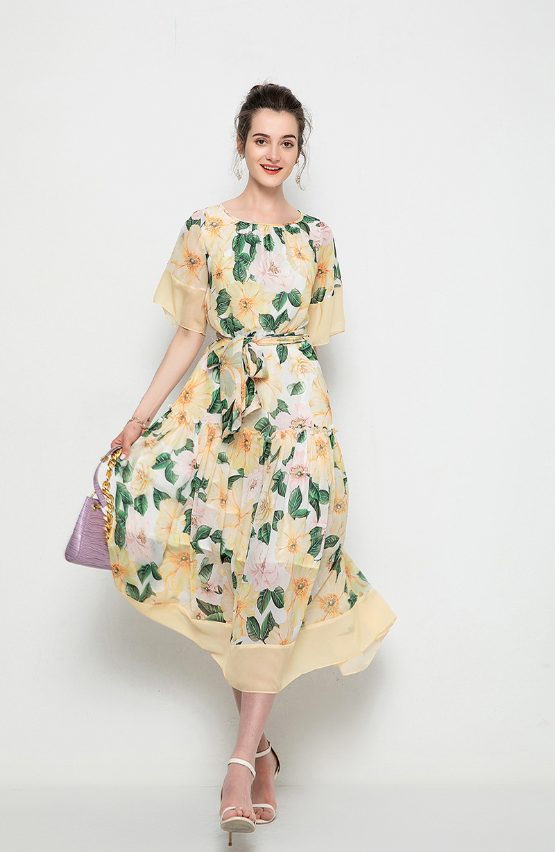 Women's Runway Dresses O Neck Short Sleeves Printed Ruffles Patchwork Fashion Mid Dress with Sash Belt