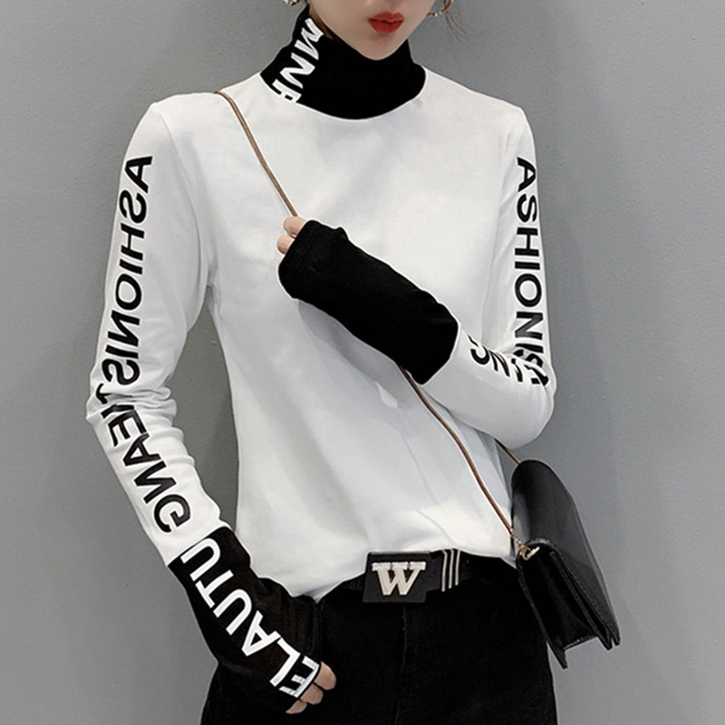 Fall Winter European Clothes Tshirt Chic Patchwork Letter Thick Broshed Long Sleeve Brushed Cotton Tops Ropa Mujer Tees T00514A 210302