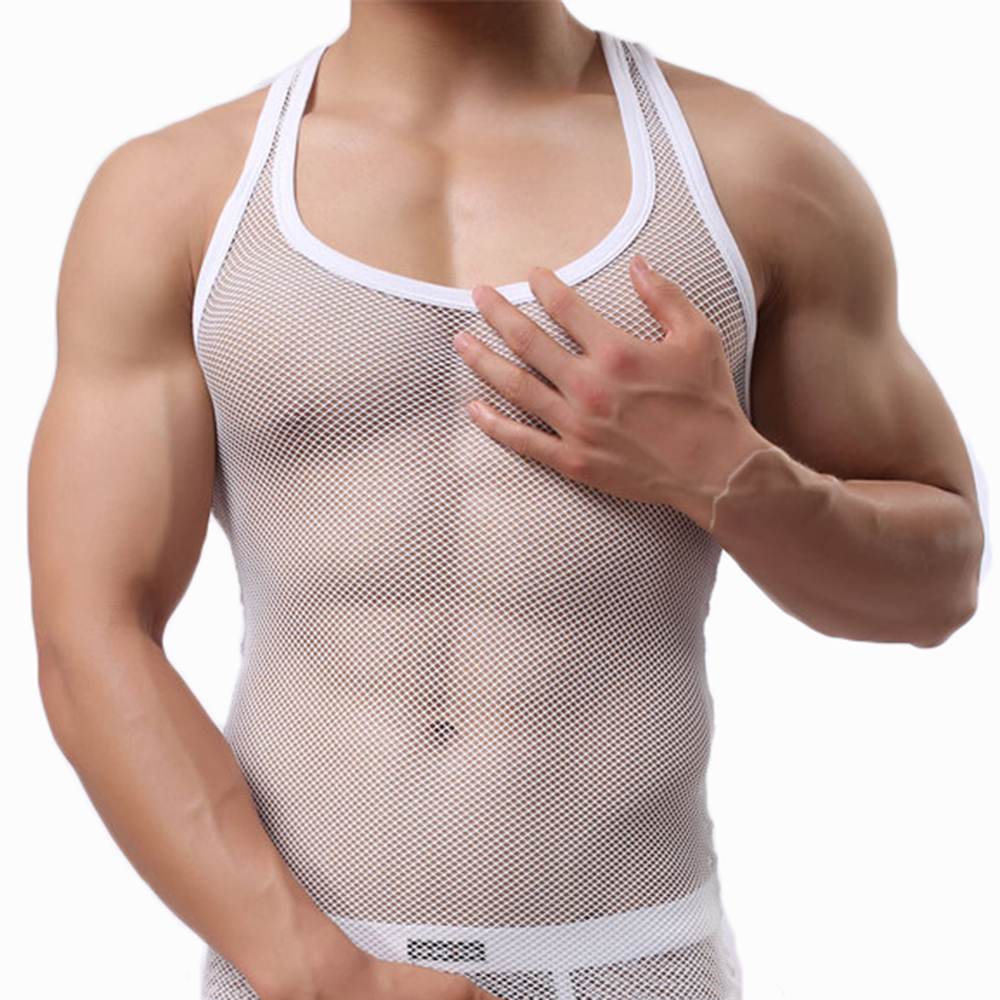 Sexy Men Singlet Transparent Undershirt See Though Sleeveless Shirt Breathable Bodybuilding Fitness Vest Tank Top Men Mesh 210308