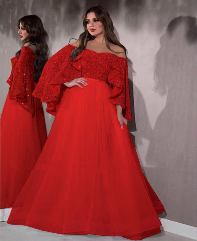 Elegant Arabric Royal Formal Evening Dresses Cape Sleeve Glitter Sequined Floor Length Tulle A Line Women Prom Dress Plus Size Long Special Occasion G