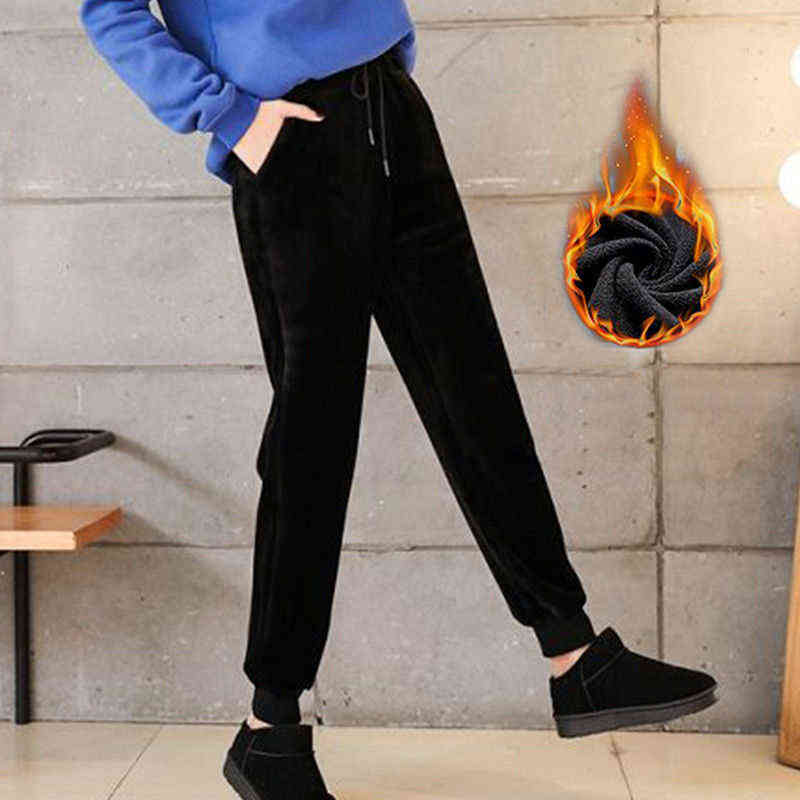 Winter Female Lamb Fur Slim Pants Women Casual Warm Cashmere Lined Fleece Autumn Sweatpants Lady Harem 211115