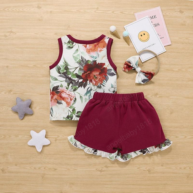 Baby Girls Shorts Suits Infant Floral Vest Toddler Flower Printed Tops Elastic Splice Lace Shorts Kids Casual Outfits With Headband