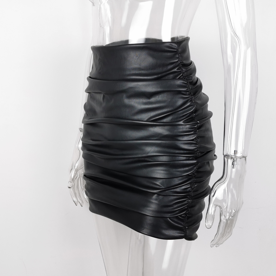 Karlofea Lady PU Leather Skirt Chic Elegant Faux Leather Ruched Mini Skirt Female Vintage Daily Outfits Bottoms Party Skirt 210306