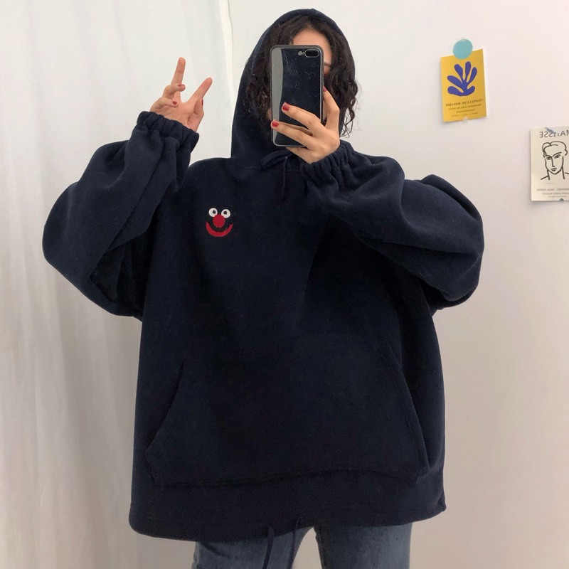 Cartoon Plus Velvet Pockets Oversize Sweatshirts Women Women's Autumn Hooded Hoodies Sweatshirt Spring Embroidered Sweatshirts 201112