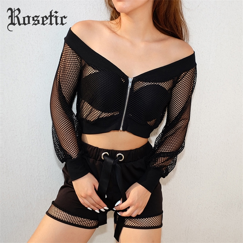 Rosetic Gothic Sexy Short Women Blouse Black Mesh See-Through Slash Neck Hollow Off Shoulder Long Sleeve Club Street Goth Blouse T200321