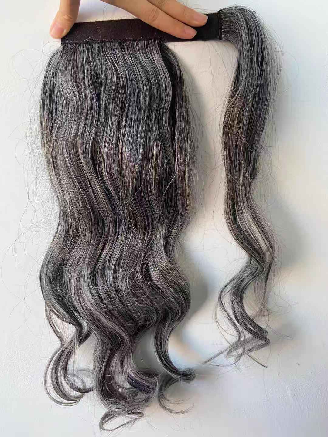 Long wavy grey human hair pony tail hairpiece salt and pepper natural silver grey women gray ponytail extension wraps around drawstring 120g