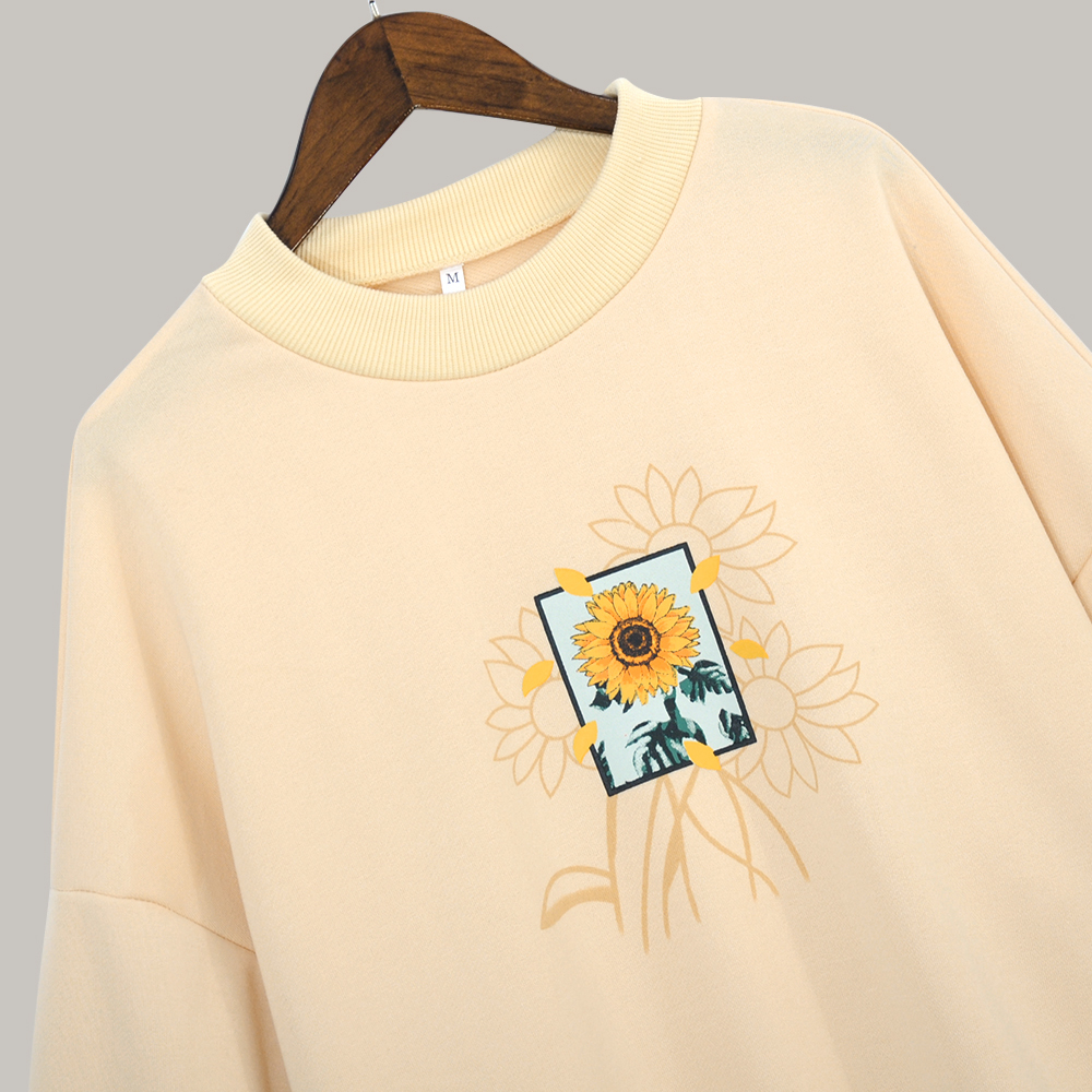 Women's Sweatshirt With Flower Print O-Neck Autumn Winter Female Casual Cute Yellow Clothes Woman Hoodies Loose Pullover 201112