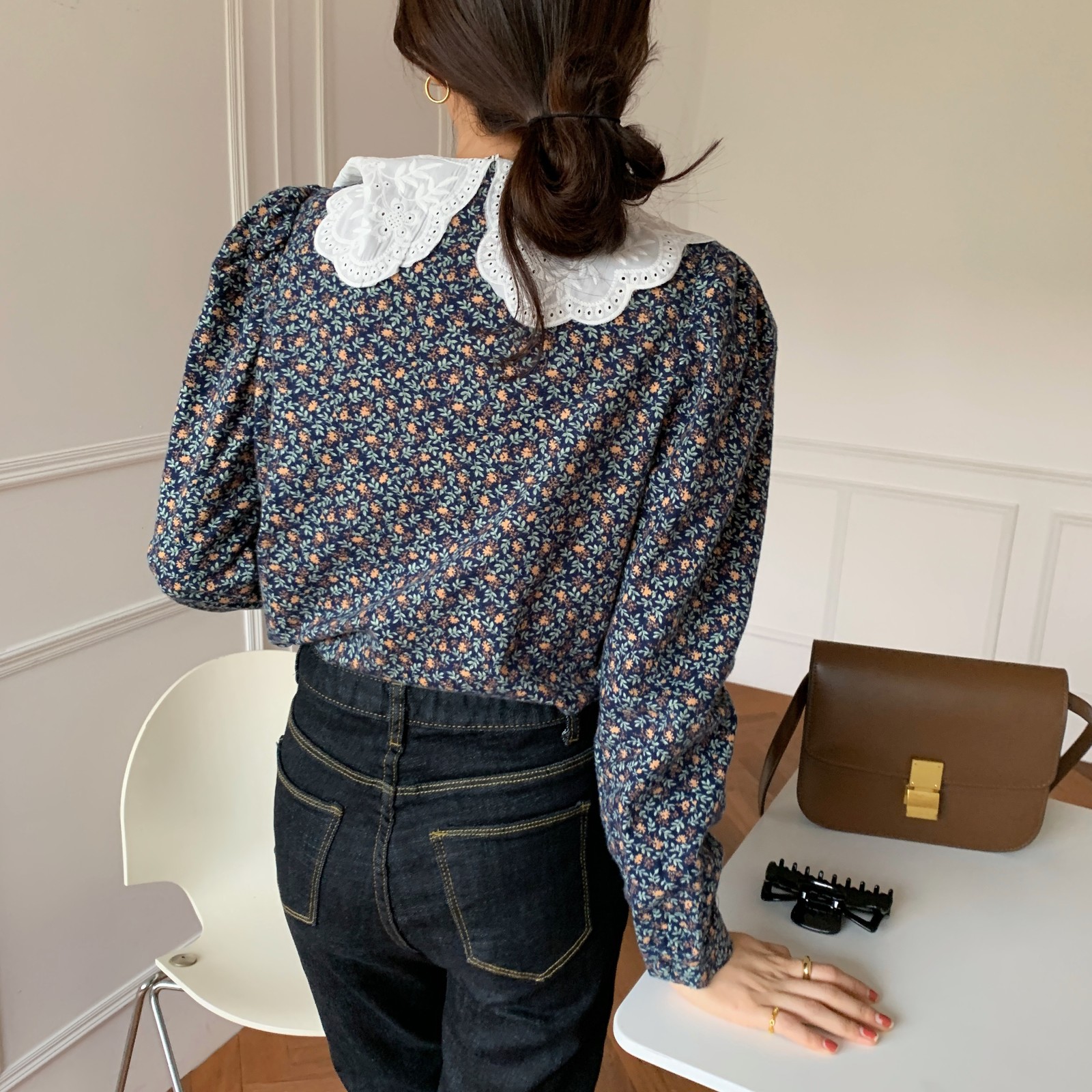 Nomikuma Korean Hollow-out Embroidery Peter Pan Collar Blouse Puff Long Sleeve Floral Shirt Autumn Causal Blusas Top 6D497 210225