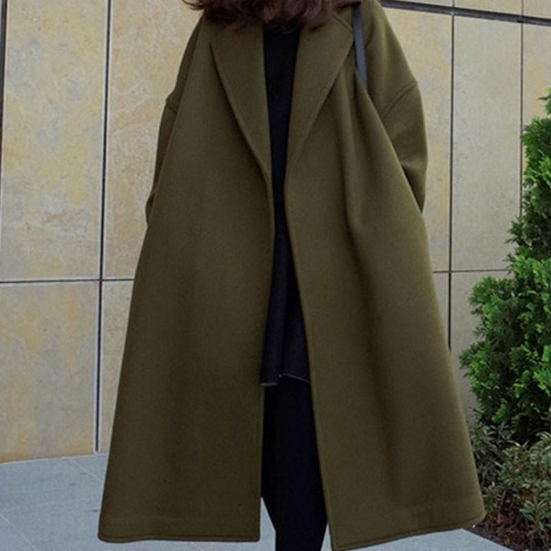 Women's Wool & Blends Autumn Winter Solid Color Plus Size Long Coat Pockets Decoration Green Lapel Sleeve Women Thick