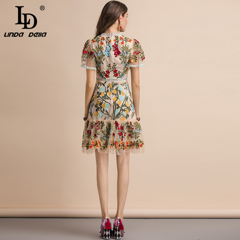 LD LINDA DELLA New Fashion Runway Summer Dress Women's Flare Sleeve Floral Embroidery Elegant Mesh Hollow Out Midi Dresses 210303 - view 5