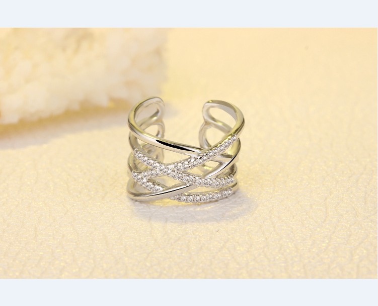 Silver Ring With Side Stones Micro Pave Zircon Multilayer Line White Gold Plate Simple Open Mouth Cuff Rings for Women Fingers