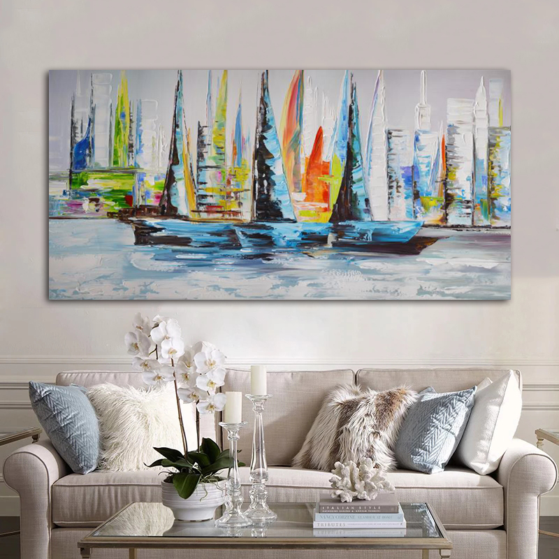 Boat Sea Poster Oil Painting On Canvas Prints Landscape Colorful Wall Pictures For Living Room Home Decor Posters And Prints