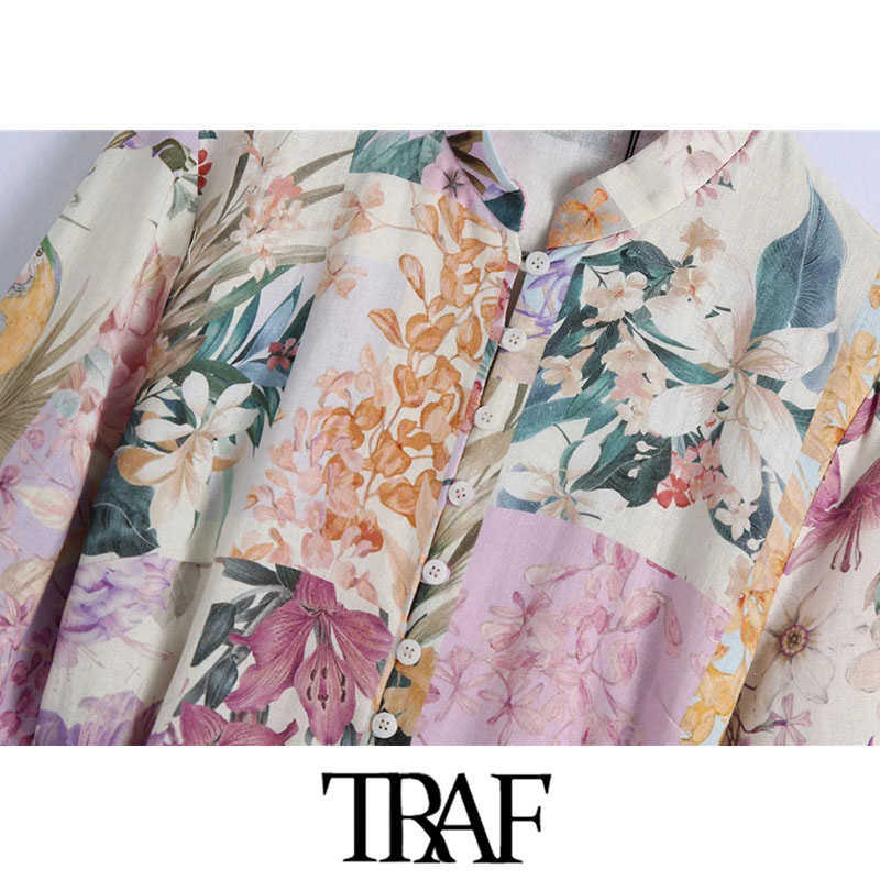 TRAF Women Chic Fashion With Belt Floral Print Mini Dress Vintage Long Sleeve Button-up Female Dresses Vestidos Mujer 210630