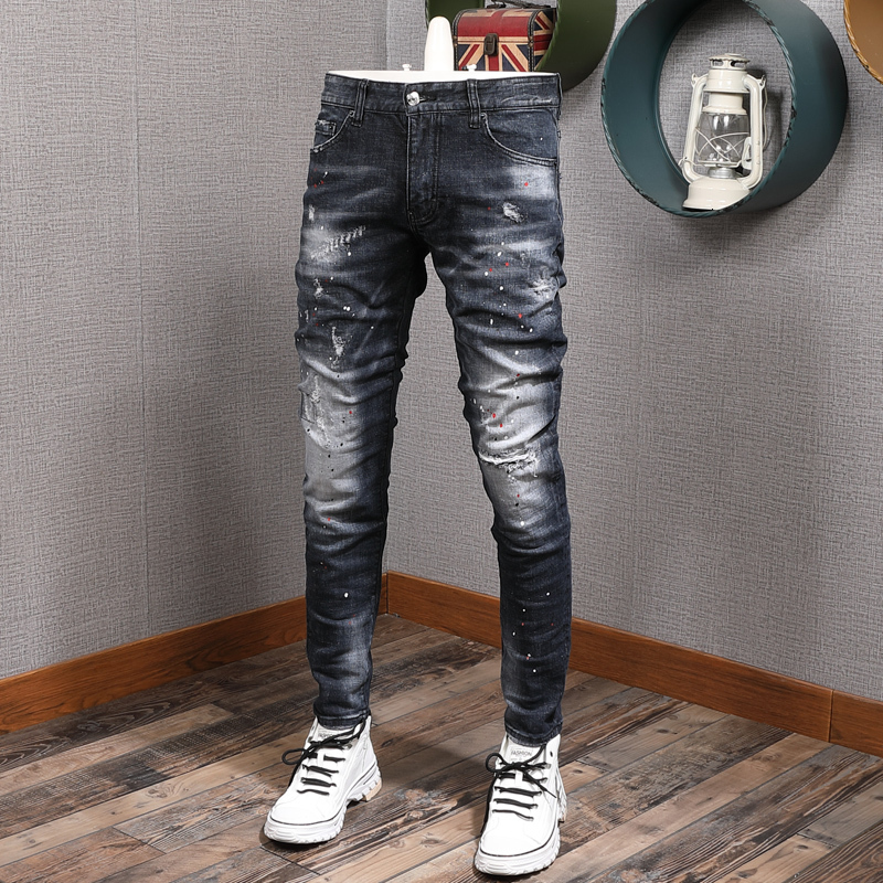 2021 New Italian Style Fashion Men Jeans Retro Black Blue Elastic Slim Fit Paint Designer Ripped Denim Pants Streetwear Hip Hop Trousers Ma9
2021 New Italian Style Fashion Men Jeans Retro Black Blue Elastic Slim Fit Paint Designer Ripped Denim Pants Streetwear Hip Hop Trousers Ma9