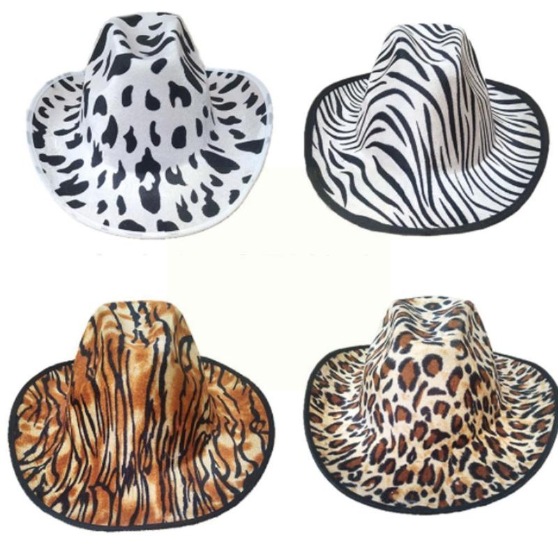 Stingy Brim Hats Cow Pattern Top Hat Women's Rolled-brim Fedora Western Cowboy Felt Men Jazz Winter Party Decoration Thi H7V5
