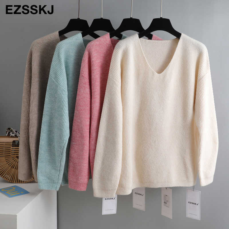 Basic Thick Loose v-neck oversize Sweater Pullover Women Autumn winter Casual long Sleeve Sweater For women Chic Jumpers top 210918