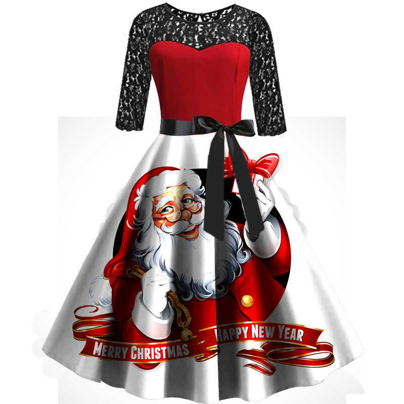 Autumn Winter Christmas Dress Women Sexy Lace Patchwork O Neck Half Sleeve Santa Claus Print Bow Big Swing Xmas Party 210526
