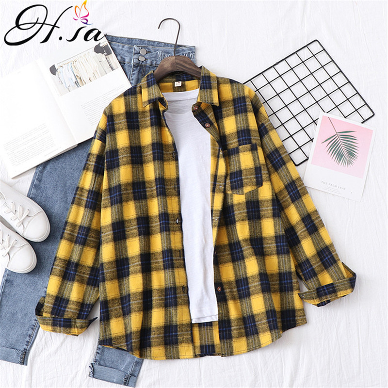 H.SA Women Casual Plaid Shirts Loose Style ladies tops Yellow Blouses Tunic Spring Oversized Blouses and Shirt 210225