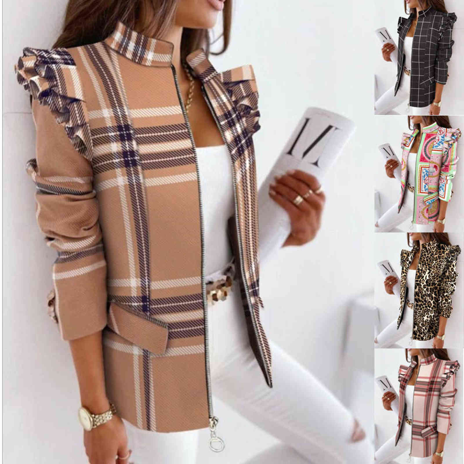 Casual Plaid Zip Blazer Jacket Women Spring Fall Long Sleeve Stand Neck Slim Coats Elegant Leopard Ruffle Office Suit Coat 211122