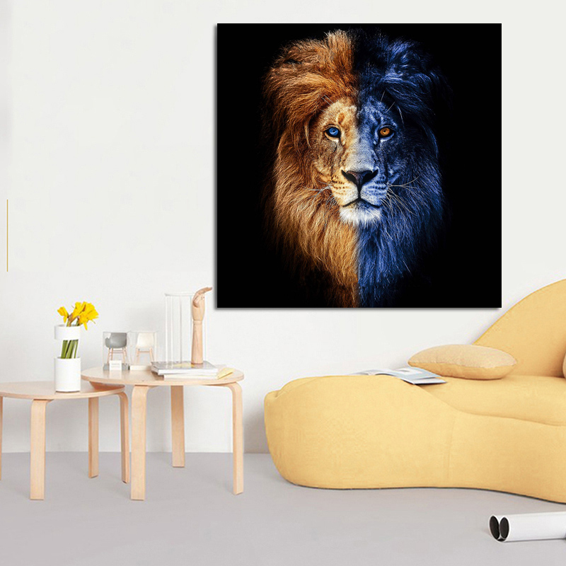 Modern Canvas Wall Picture Art Animal Painting Print Profound Lion Face With Double Colors For Living Room Home Decor No Frame