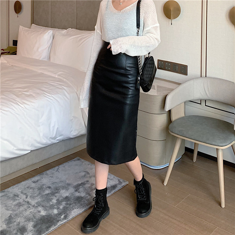 HELIAR Women PU Leather Skirts High Waist Solid Straight Elegant Split Skirt Midi Leather Skirts For Women Autumn Winter 210309