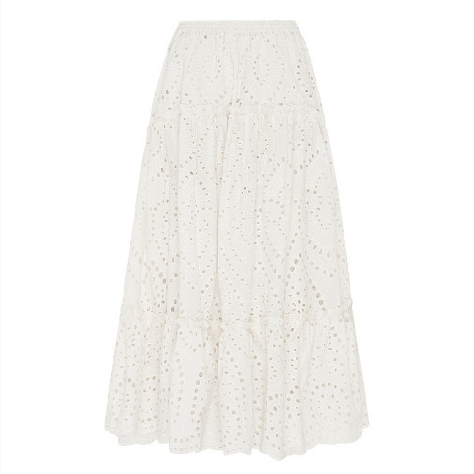Maxi Lace Skirt Women 100% Cotton Casual Tassel Laceup Waist Elastic Hollow Out Long Skirts Summer Beach Holiday Skirt 210306