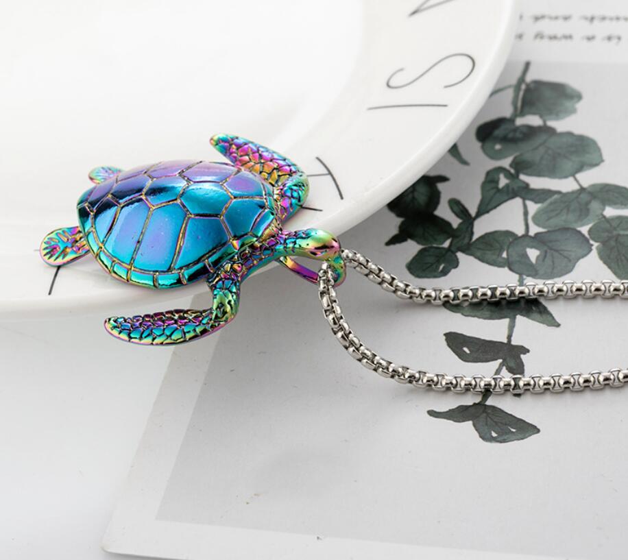 Steel Mens Womens Oxidized Rainbow Sea Turtle Tortoise Pendant Necklace 24 inches Chain, Animal Love