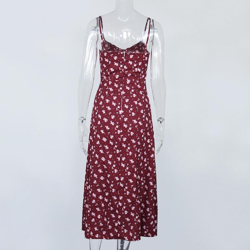 Summer women's floral dress beach wind grassland open back chest draped lace side slit sexy long skirt