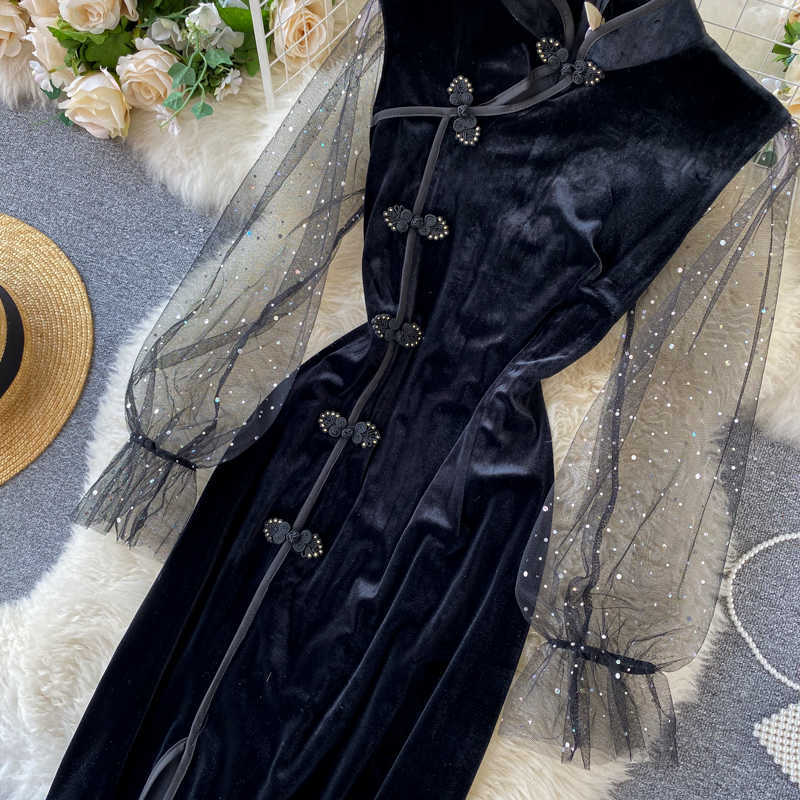 Lady Fashion Retro Velvet Cheongsam Improved Dress Women Autumn and Winter Mesh Long Sleeve Elegant Vestidos P879 210527